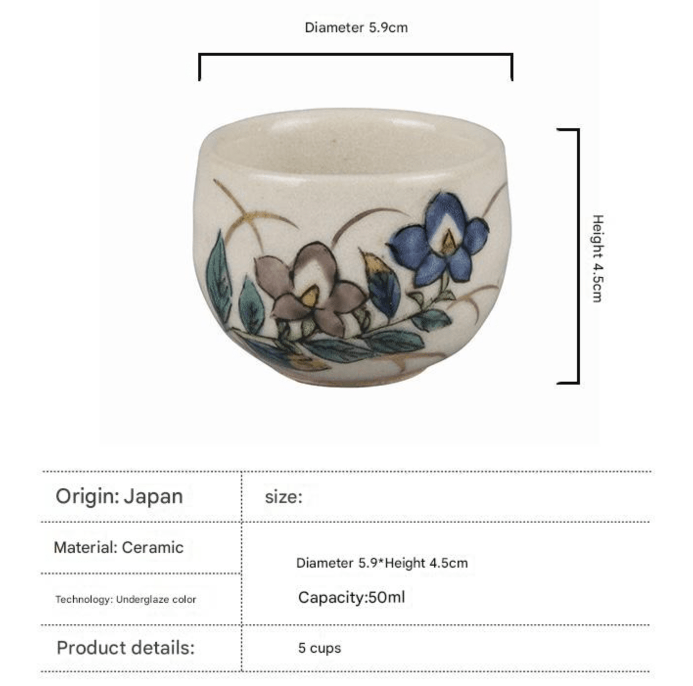 Dimensions of the sake cup demonstrated for clarity.