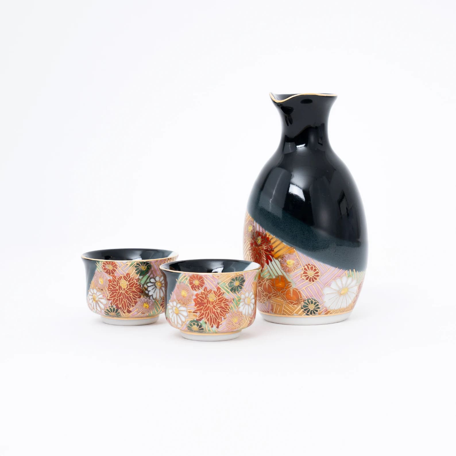 Hand-painted artisanal sake set with intricate floral patterns